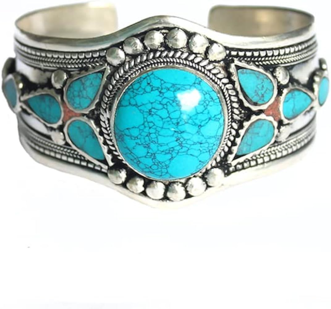 Multi-Stone Blue Stabilized-Turquoise Adjustable Cuff Bracelet | Unique Boho Jewelry for Men & Wo... | Amazon (US)