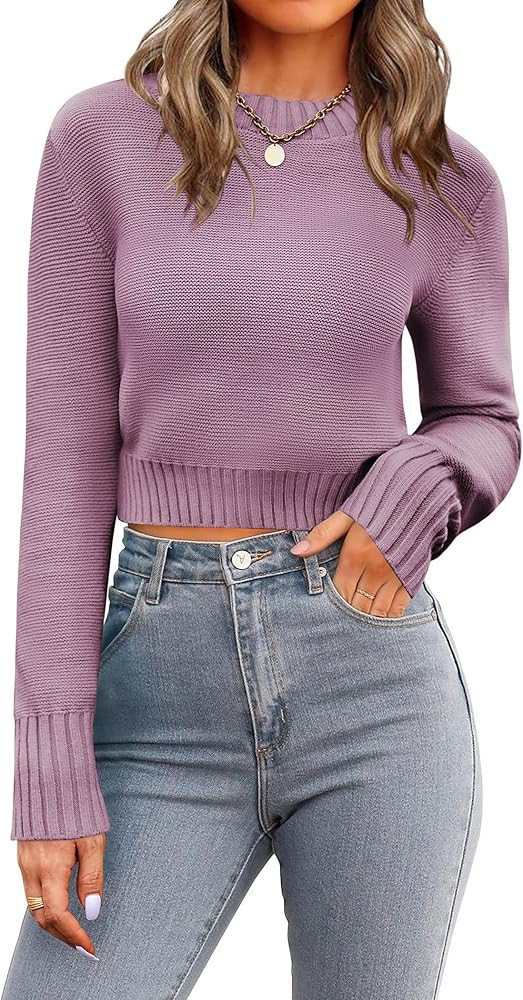 Zeagoo Women's 2025 Fall Crewneck Cropped Sweater Trendy Long Sleeve Ribbed Knit Pullover Jumper ... | Amazon (US)