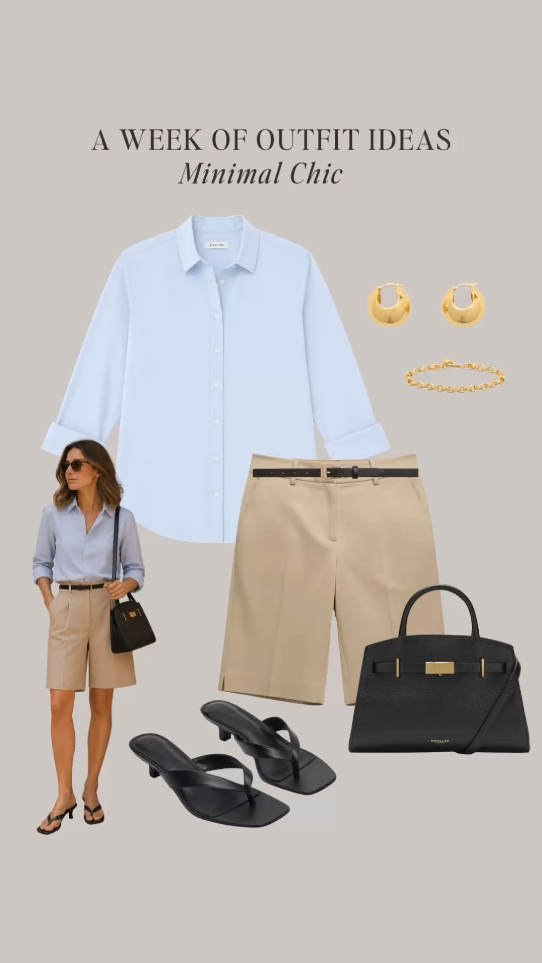 A week of minimal chic summer outfits ✔️ All clothes, shoes and accessories are in the Minimal Chic Summer 2026 capsule wardrobe.  

button vest, tailored shorts, slide sandals, sleeveless top, white midi skirt, slingback flats, blue button-down shirt, bermuda shorts, thong sandals, striped vest, linen shirt, tailored pants, white tee, black skirt, straw raffia sandals, tank dress, linen blazer, polo top

#quietluxury #oldmoney #styleguide #casualchicstyle #linenshirt