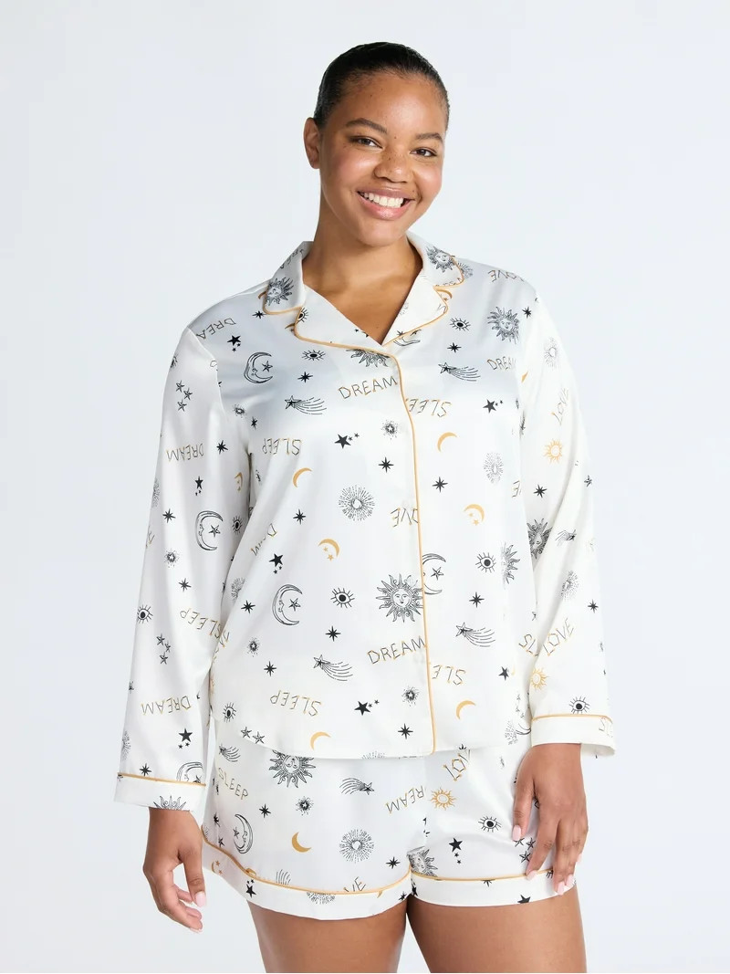 Joyspun Women’s Stretch Satin Notch Long Sleeve Top and Shorts Pajama Set, 2-Piece, Sizes XS-3X | Walmart (US)
