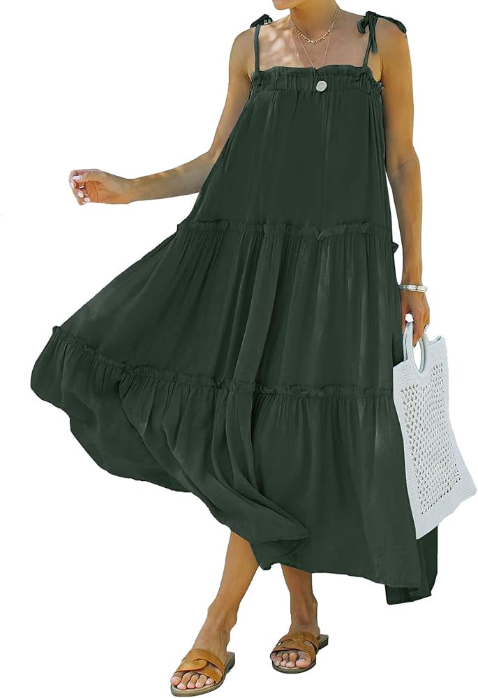 BTFBM Women's Summer Adjustable Spaghetti Strap Sleeveless Dresses Casual Loose Tiered Ruffle Cami B | Amazon (US)