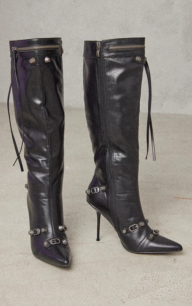 Black PU Zip Detail Point Toe Mid Heeled Knee Boots | Pretty Little Thing (Australia & New Zealand)
