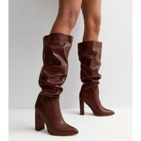 Public Desire Dark Brown Leather-Look Ruched Knee High Block Heel Boots New Look | New Look (UK)