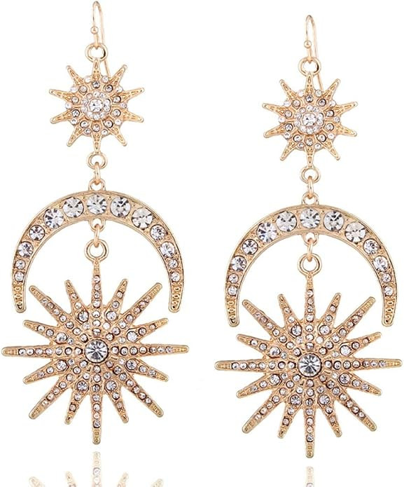 Exaggerated Luxury Sun Moon Stars Drop Earrings Rhinestone Punk Earrings for Women Jewelry Golden... | Amazon (US)