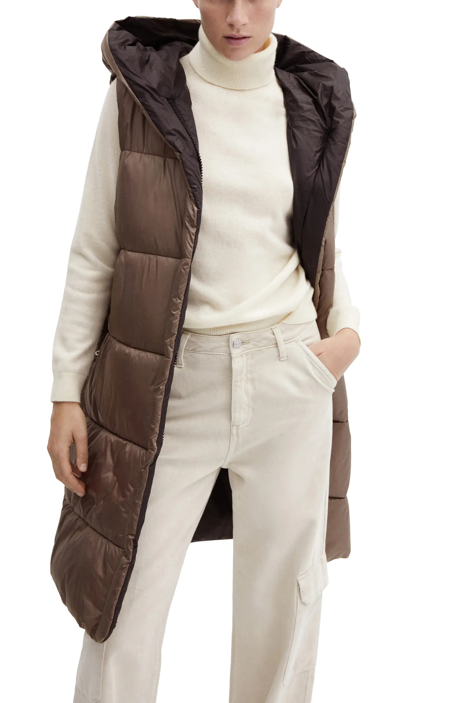MANGO Long Quilted Water Repellent Hooded Puffer Vest | Nordstrom | Nordstrom