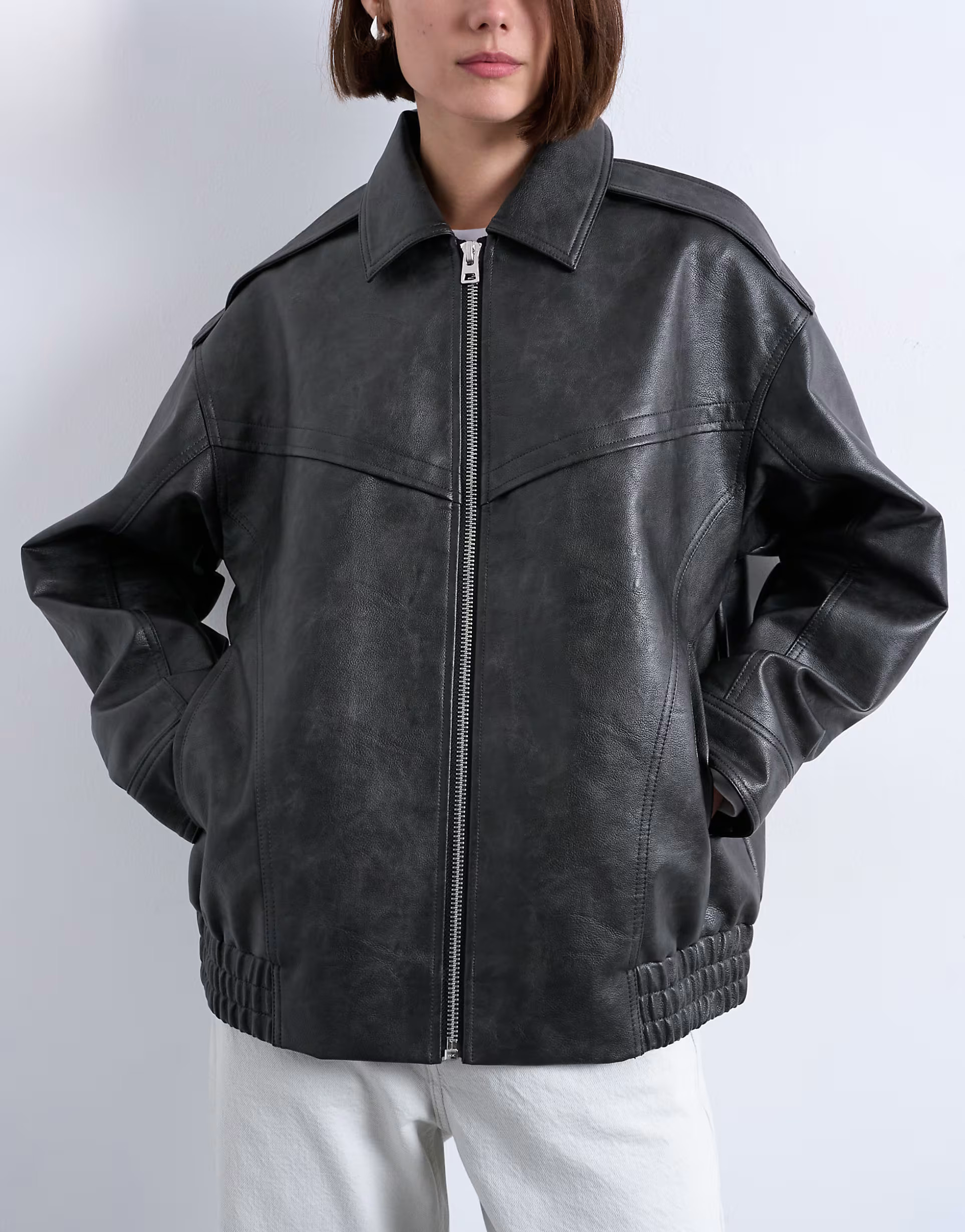 Topshop faux leather bubble vintage wash seam detail zip thru bomber jacket in washed black | ASO... | ASOS (Global)