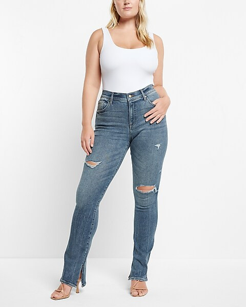Mid Rise Medium Wash Ripped Skyscraper Jeans | Express
