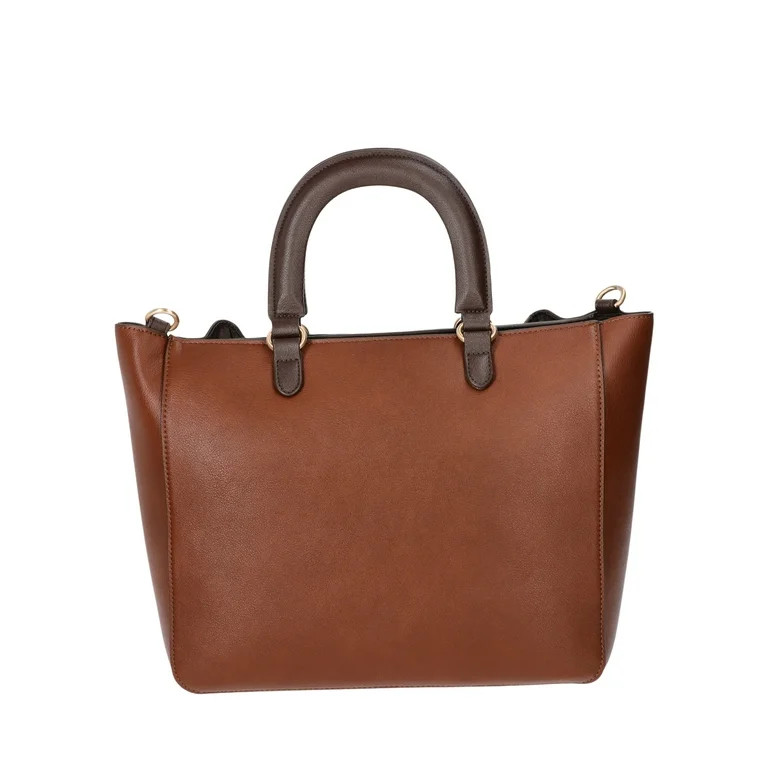 Time and Tru Women's Brynlee Faux Leather Drawstring Tote Handbag, Chestnut/Espresso | Walmart (US)