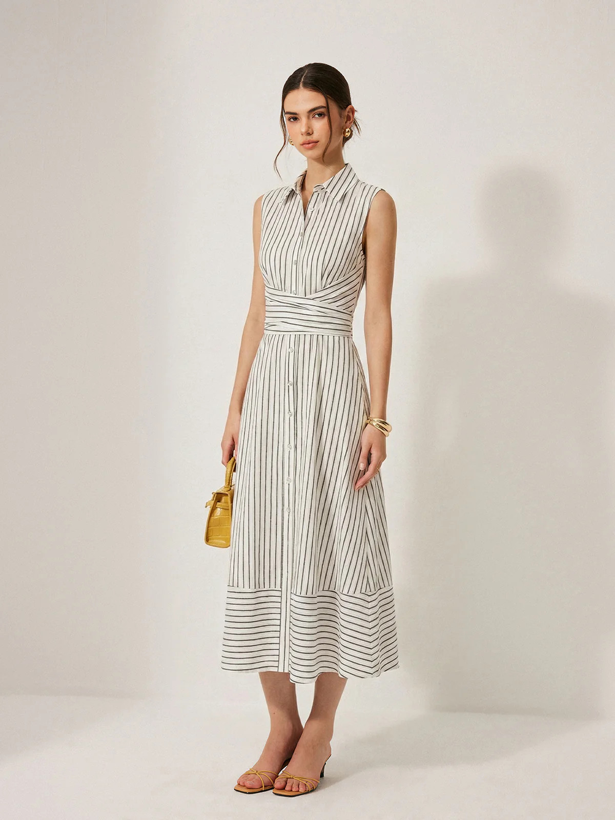 Striped Collared Sleeveless Tie Waist Midi Dress | Commense
