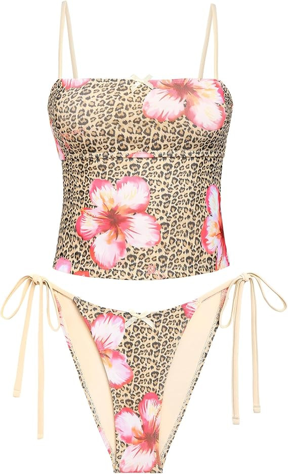 seamoly Women's Tankini Sets Sexy Open Back Two Piece Swimsuit High Cut Side Tie Thong Bathing Su... | Amazon (US)