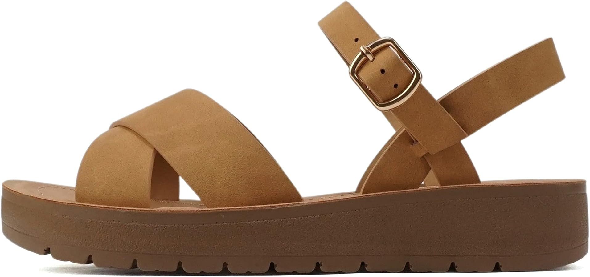 Soda CHESTER ~ Women Flat Sandals Flatform Ankle Buckle Criss Cross Band Straps Sandals Shoes | Amazon (US)