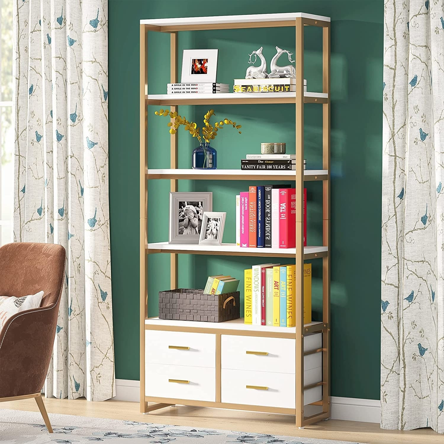 5-Tier Bookshelf White and Gold Etagere Bookcase with 4 Drawers | Bed Bath & Beyond