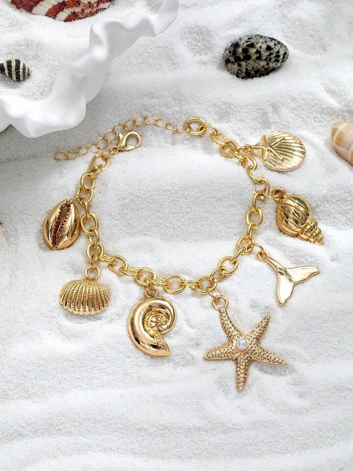 $2.701pc 18K Gold Plated Alloy Starfish, Shell, Mermaid Pendant Bracelet, Suitable For Daily Wear... | SHEIN