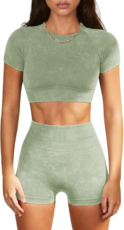 OLCHEE Womens Workout Sets 2 Piece - Seamless Acid Wash Yoga Outfits Shorts and Crop Top Matching... | Amazon (US)