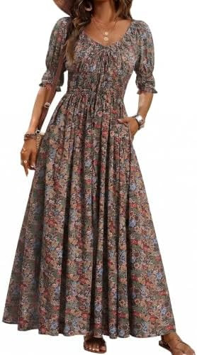 Women's Boho Floral Puff Sleeve Maxi Dress with Pockets | Amazon (US)