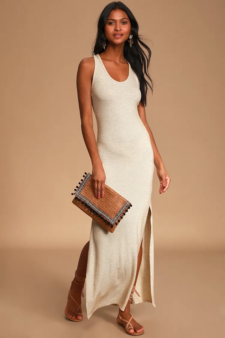 Relaxed but Not Least Beige Ribbed Sleeveless Maxi Dress | Lulus (US)