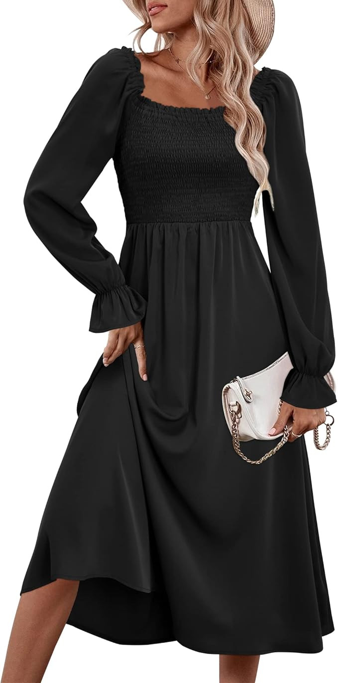KILIG Womens Square Neck Long Sleeve Midi Dresses Tie Back Smocked Casual Fall Dress 2022 | Amazon (US)