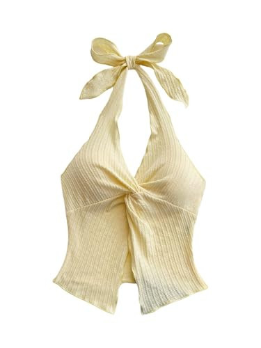 MakeMeChic Women's Halter Tops Slit Twist Front Backless Cute Summer Tank Top Yellow Large | Amazon (US)