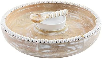 Mud Pie Wood Beaded Chip And Dip Bowl, Natural, dish 2 1/2" x 13" dia | spoon 5 1/2" | Amazon (US)