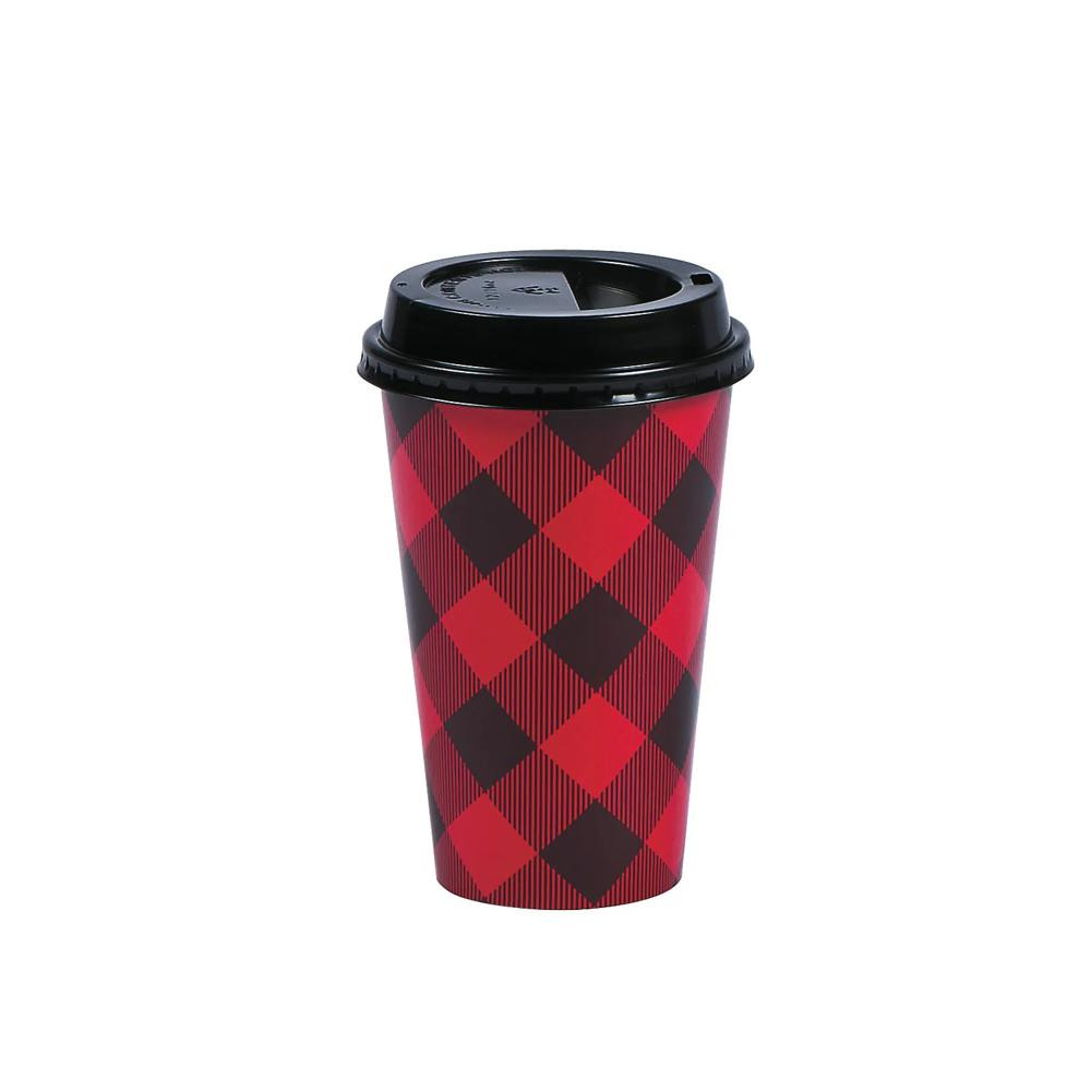 12 Pc Red Buffalo Plaid Paper Coffee Cups with Lids 5" 16 oz | Oriental Trading Company