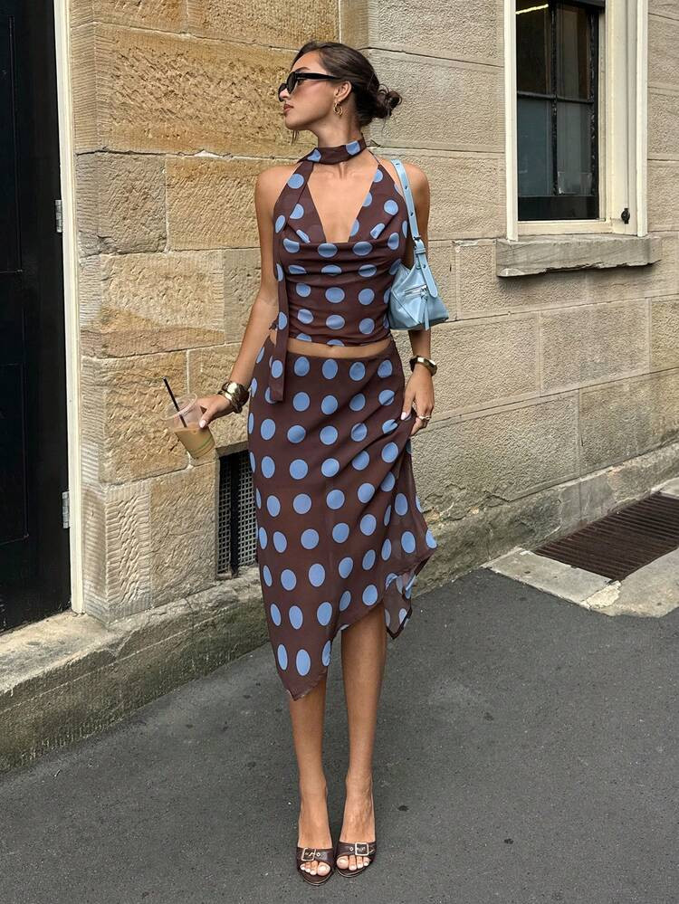 Siren Gaze 2026 Summer New Polka Dot Print Top Paired With A Scarf And Camisole Is Perfect For A Beach Vacation, Showcasing Feminine Charm. | SHEIN