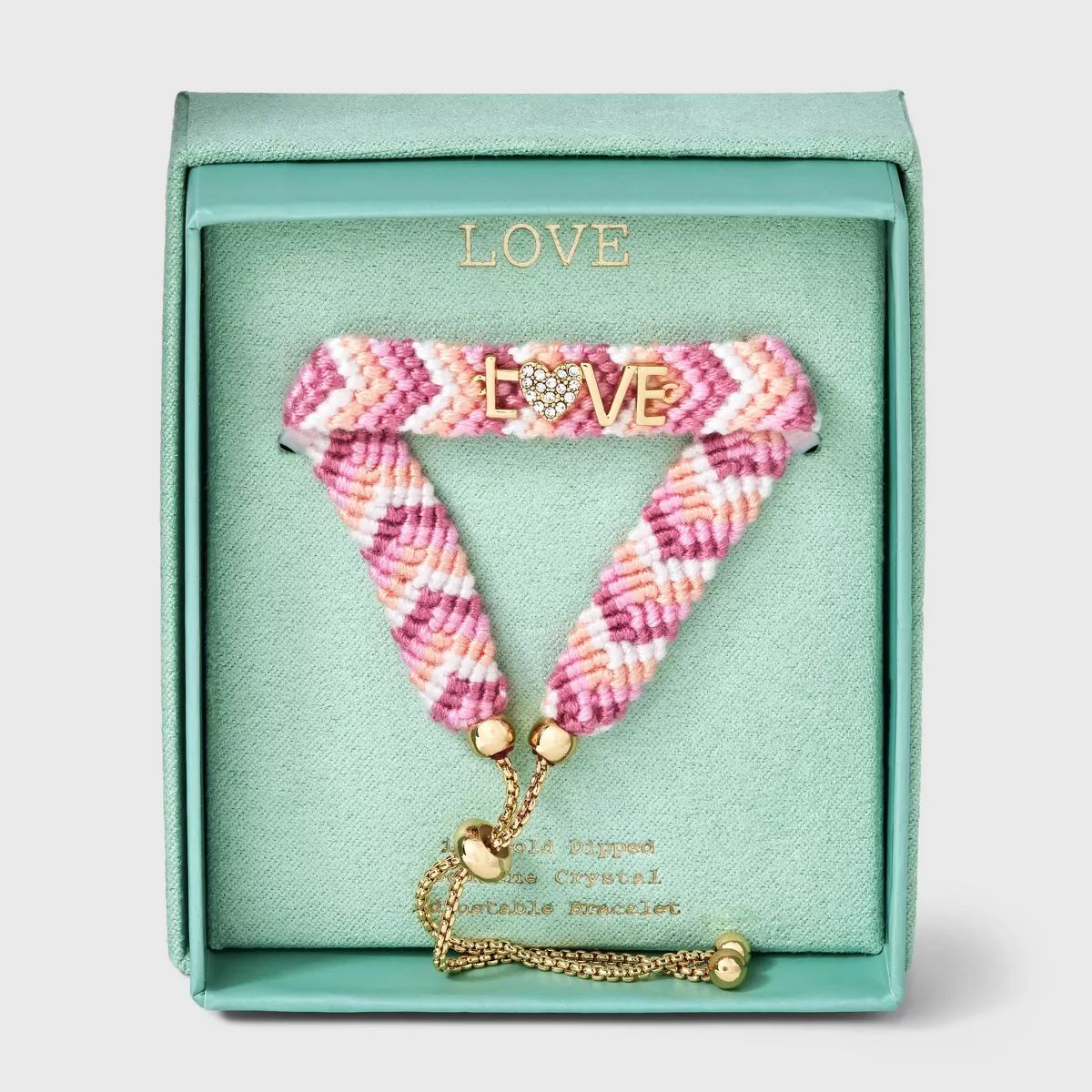 14K Gold Dipped "Love" with Crystal Heart Woven Adjustable Bracelet - A New Day™ Pink | Target
