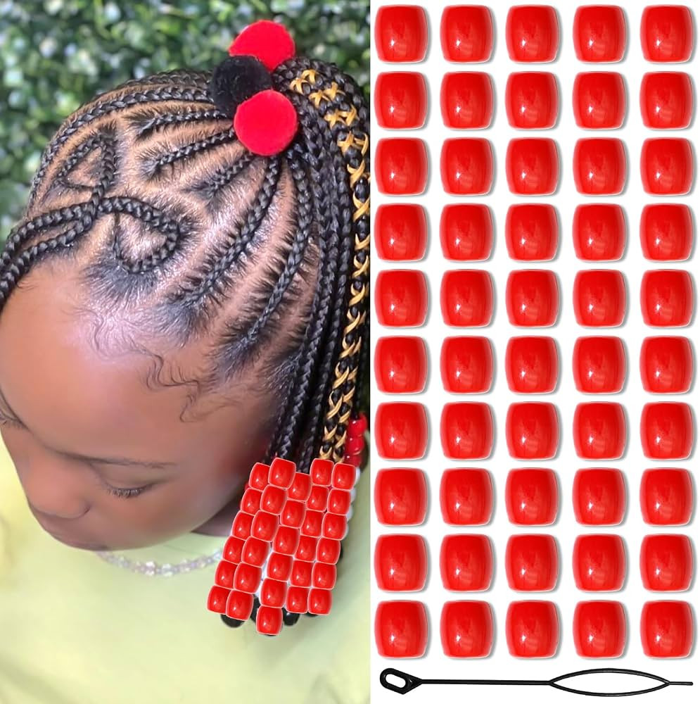 50PCS Red Hair Beads Cute Acrylic Pony Beads Loc Dreadlock Accessories Hair Tube Bead for Braids ... | Amazon (US)