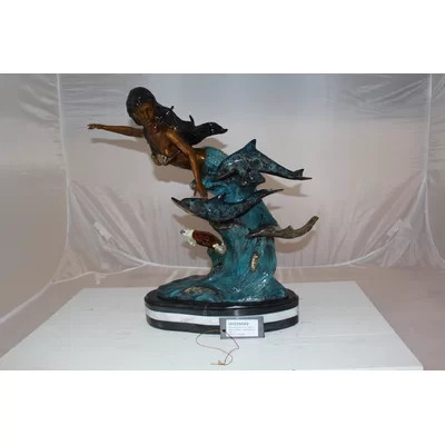 Mermaid with Dolphin & Turtle Bronze Statue, Stunning Home Garden Ocean Sculpture, 19"L x 9"W x 22"H | Wayfair North America
