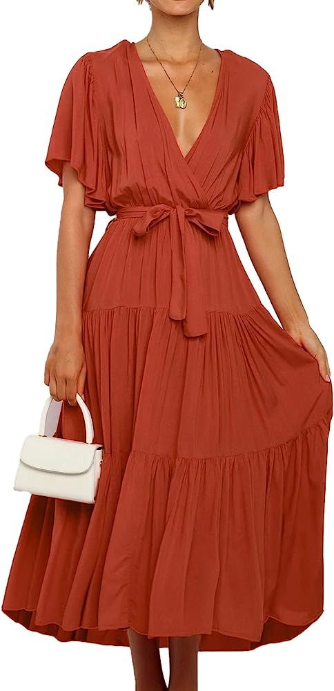 SHIBEVER Women's Maxi Dress Summer V Neck Tie Waist Chiffon Ruffle Dress Long Beach Wrap Dresses ... | Amazon (US)
