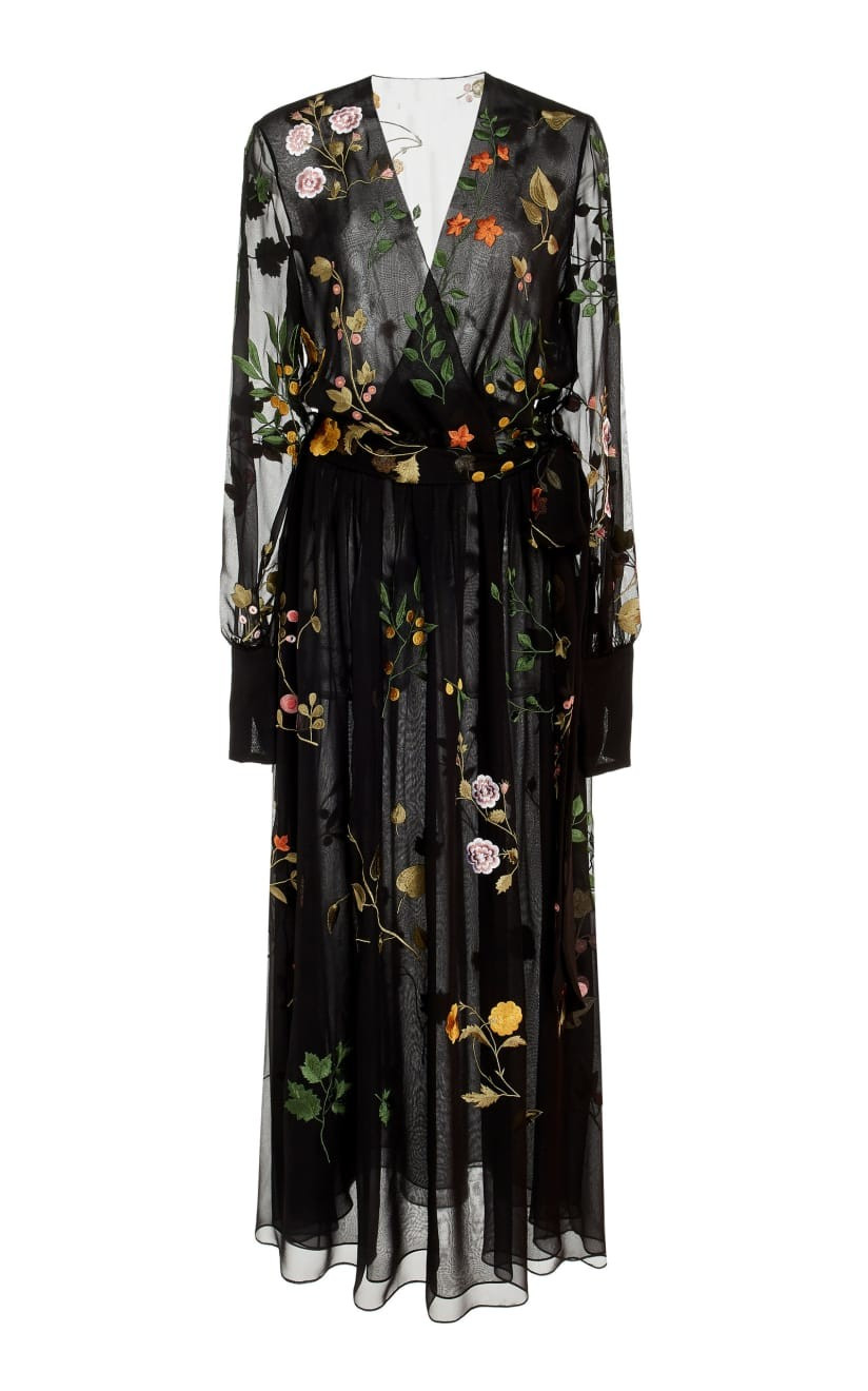 Floral-Embroidered Silk-Chiffon Midi Dress by Oscar de la Renta | Moda Operandi | Moda Operandi Global