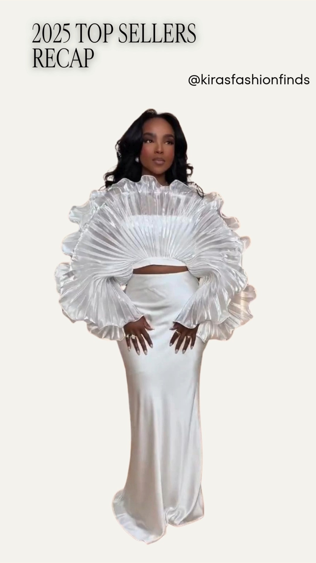 ✨ Sculptural Drama — a 2025 Top Seller for a reason.

This statement two-piece is pure art in motion. The dramatic, pleated sculptural top paired with a sleek satin skirt creates a high-impact look that feels editorial yet wearable. It’s one of those standout pieces that instantly elevates your wardrobe and keeps delivering — styled once for events, styled again for special occasions, and the cost per wear keeps dropping every time.

Perfect for:
• Formal events
• Special occasions
• Weddings & celebrations
• Fashion-forward moments

📏 Sizing:
Top: Small  
Skirt: Small  
Shoes: True to size  

Measurements:
5’4” · 138 lbs · 34D · 27” waist · 40” hips

Save this post — this was one of the most-loved looks of 2025 and continues to be a go-to statement set.

Sculptural statement top, elegant two-piece set, modern occasion wear, fashion-forward evening outfit, elevated neutral styling, timeless event outfit inspiration.

Follow me on Instagram and YouTube @kirasfashionfinds