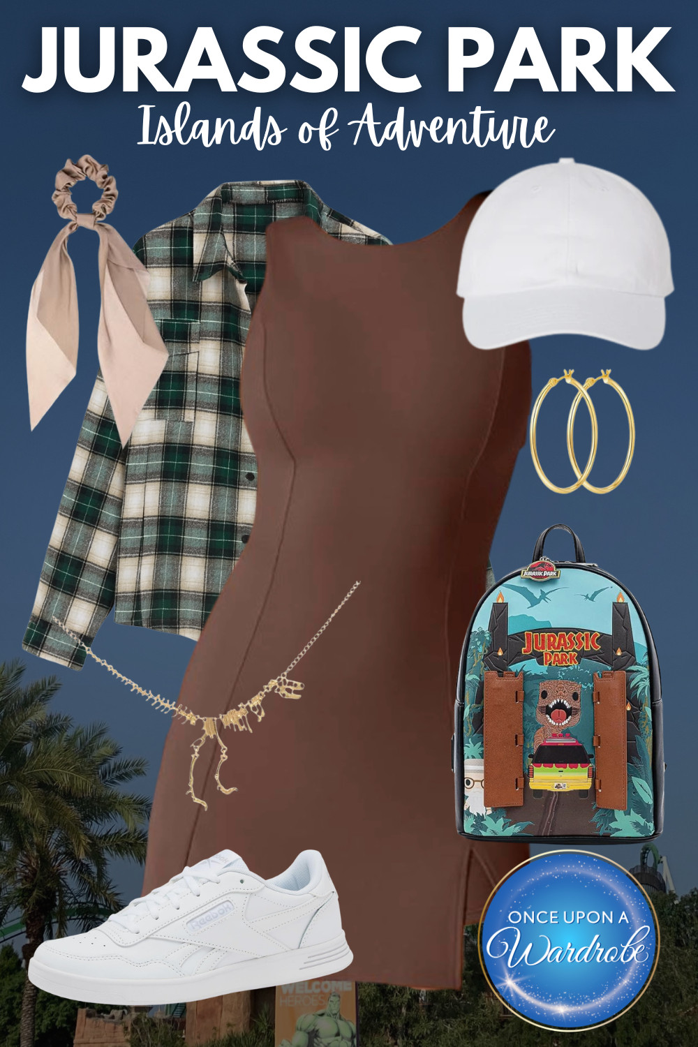 Jurassic Park outfit for Universal’s Islands of Adventure that is equal parts comfortable and put together 🤍 This women’s Universal Studios outfit layers a simple brown dress with a lightweight plaid button down for easy park styling, plus white sneakers for all-day walking. Added neutral accessories and a fun dinosaur detail keep it subtle but still themed for Jurassic Park.

Perfect for long park days, rides, and staying comfortable in the Florida heat while still looking cute in photos.

Universal Studios outfit, Islands of Adventure outfit, Jurassic Park outfit, women’s theme park outfit, Universal Orlando outfit ideas 

 #LTKmomlife #LTKSaleAlert #LTKTravel