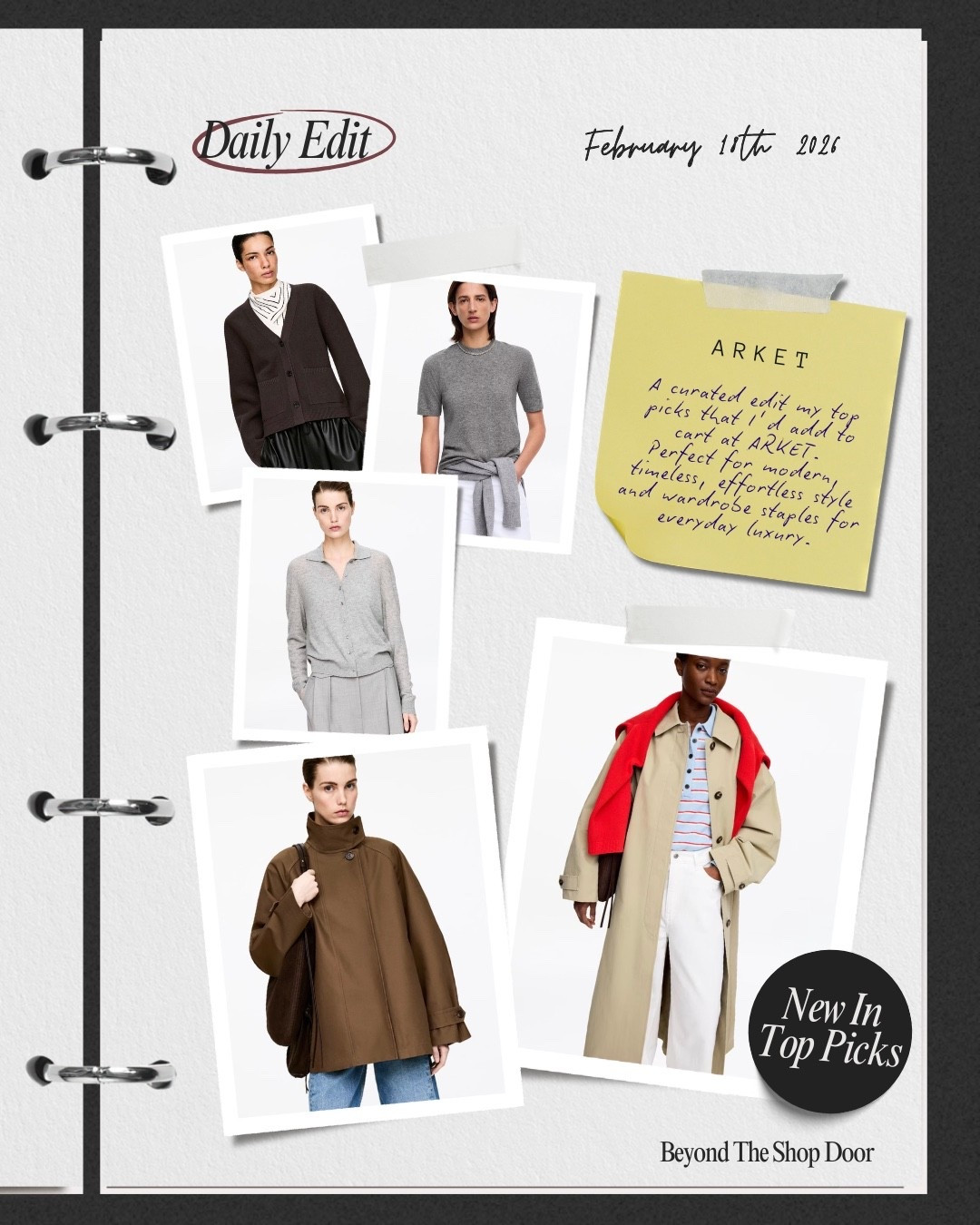 New-In favourites at ARKET - five pieces I’d add to cart.

Corduroy-Collar Jacket – Utility-inspired and with a in-trend Funnel-Neck
Short-Sleeve Cashmere Top – A year-round layering staple.
Cotton Cardigan – An affordable take on the viral Khaite style.
Car Coat – A modern minimalist alternative to the classic trench
Cashmere Cardigan – Polished, and on trend collar.