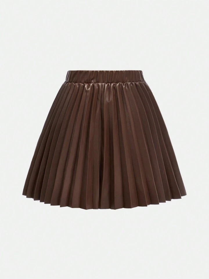 SHEIN Girlism Tween Girls Elegant PU Leather Pleated Skirt, Daily Wear | SHEIN