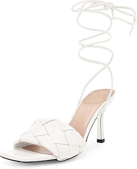 Women's Lace up Heeled Sandals Strappy Square Open Toe Low Kitten Heel Braided Slide On Pumps | Amazon (US)