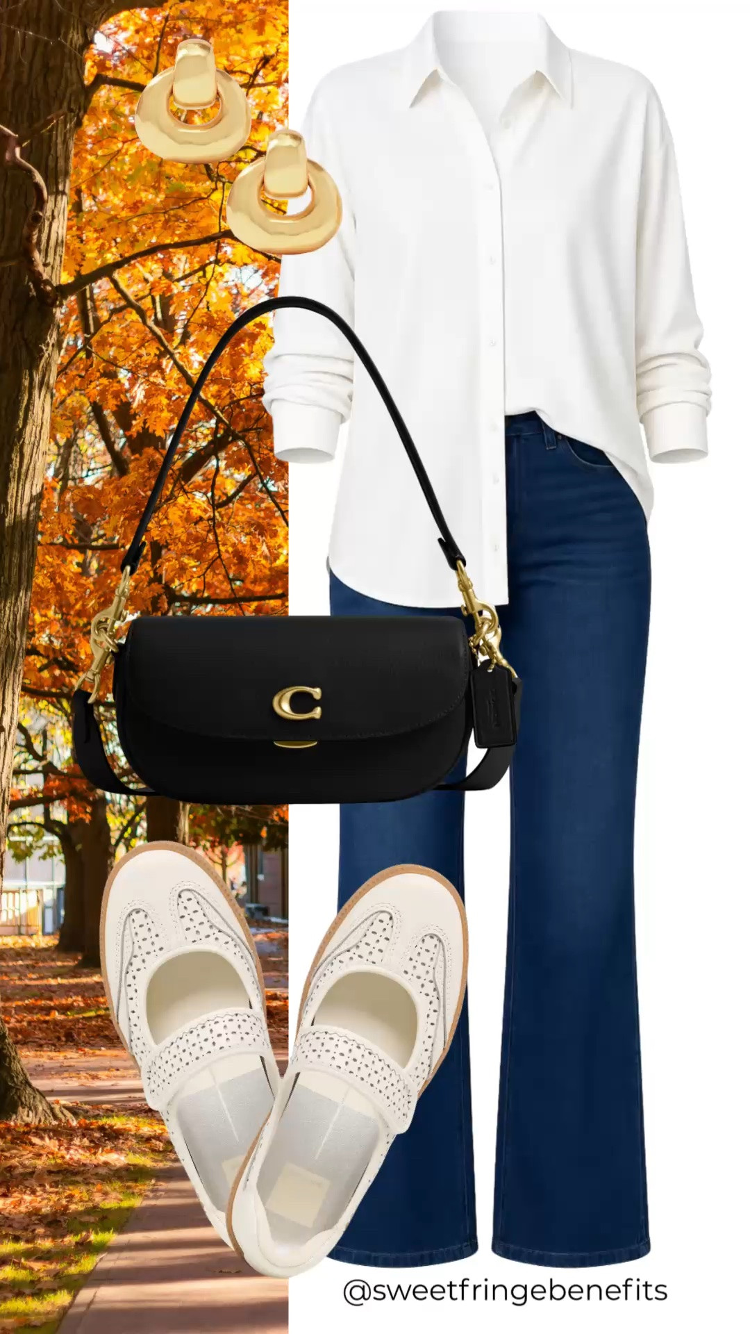 A crisp white button-down and dark wide-leg jeans are a timeless combination that works beautifully for fall. Add a structured black crossbody and comfortable white shoes, and you have an easy outfit that feels polished enough for everyday plans while still being comfortable.

💡 LTK MADE EASY
❤️ Heart = Support my posts!
🔖 Save = Get sale & restock alerts
📋 Lists = Keep favorites organized
📲 Share = Send lists and products to a friend. Hello, Christmas List!
💬 Comment = Ask me anything about what I'm wearing.:-)

#LTKootd #LTKdayinmylife #LTKOver40
