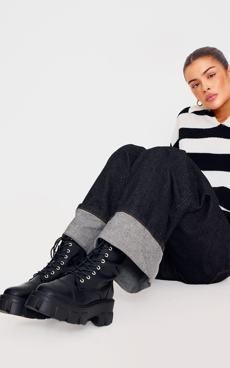 Black Lace Up Extreme Chunky Combat Boot | PrettyLittleThing US