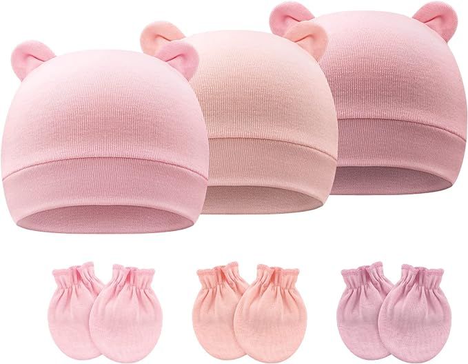 BQUBO Newborn Baby Hospital Hats Beanie Bow Infant Caps Baby Cotton No Scratch Mittens Set for 0-... | Amazon (US)