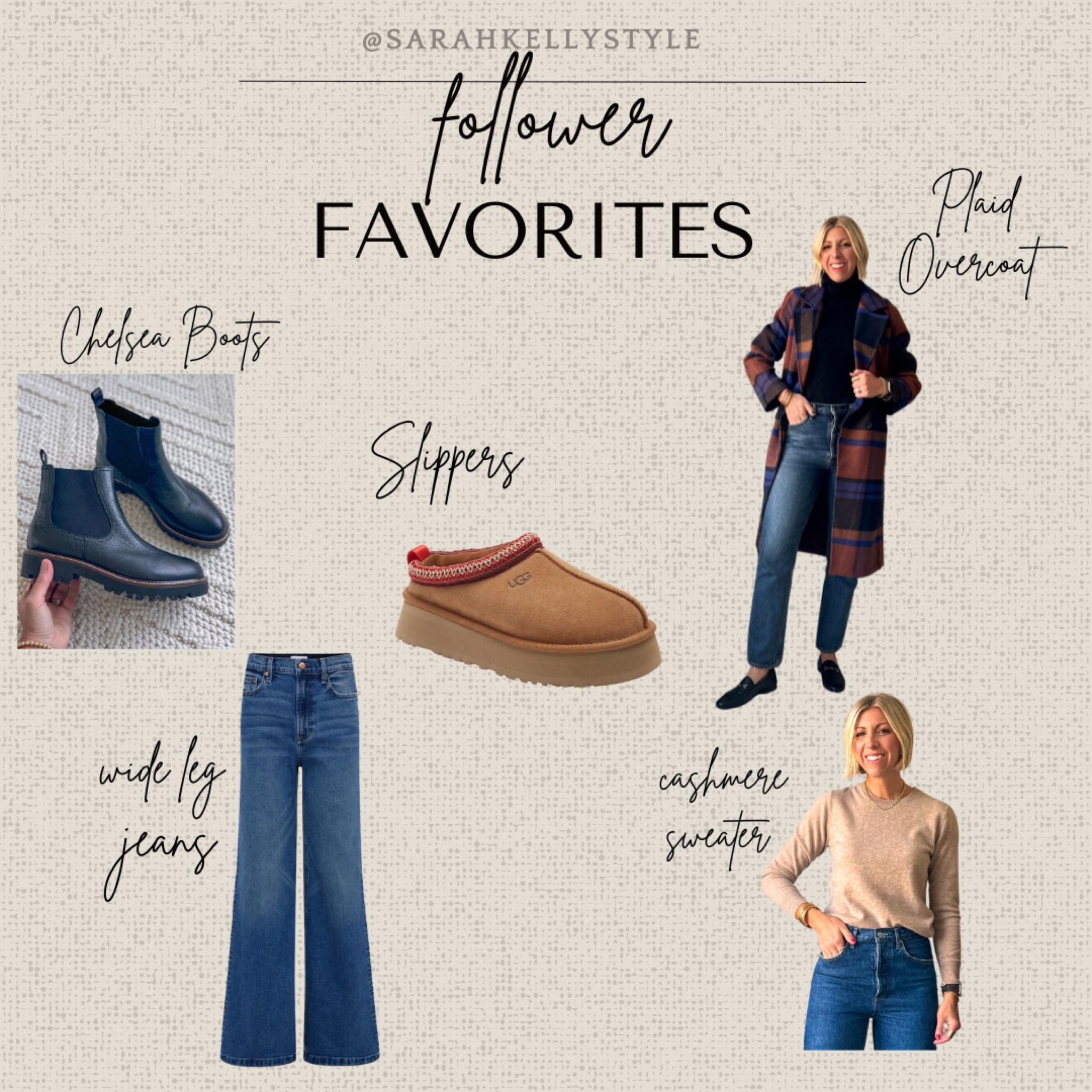 This week’s top five favorites! 
1. Wide leg jeans with amazing stretch 
2. Water proof Chelsea boots 
3. Ugg slippers (makes an amazing gift!) 
4. Plaid overcoat adds a fun pop of color to your basics 
5. Cashmere sweater that’s only $50!! 


#LTKHoliday #LTKGiftGuide #LTKOver40