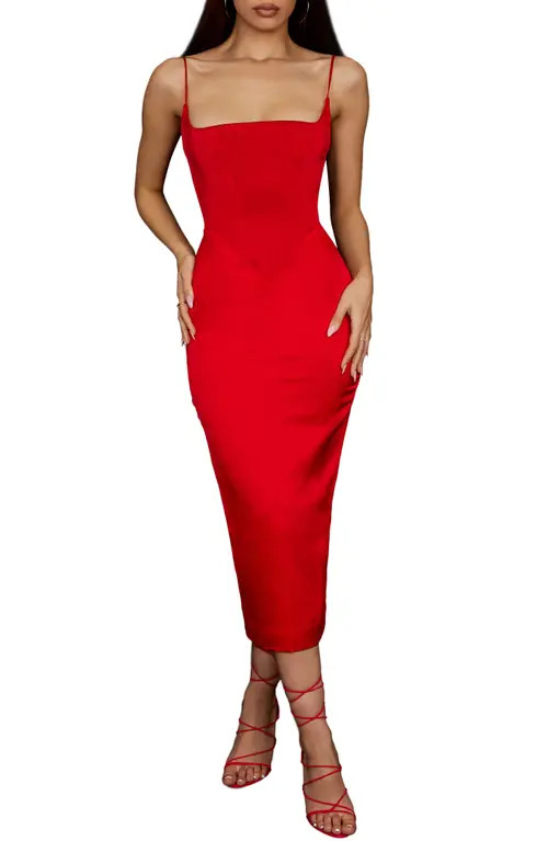 HOUSE OF CB Anais Satin Corset Midi Dress in Scarlet at Nordstrom, Size X-Small | Nordstrom