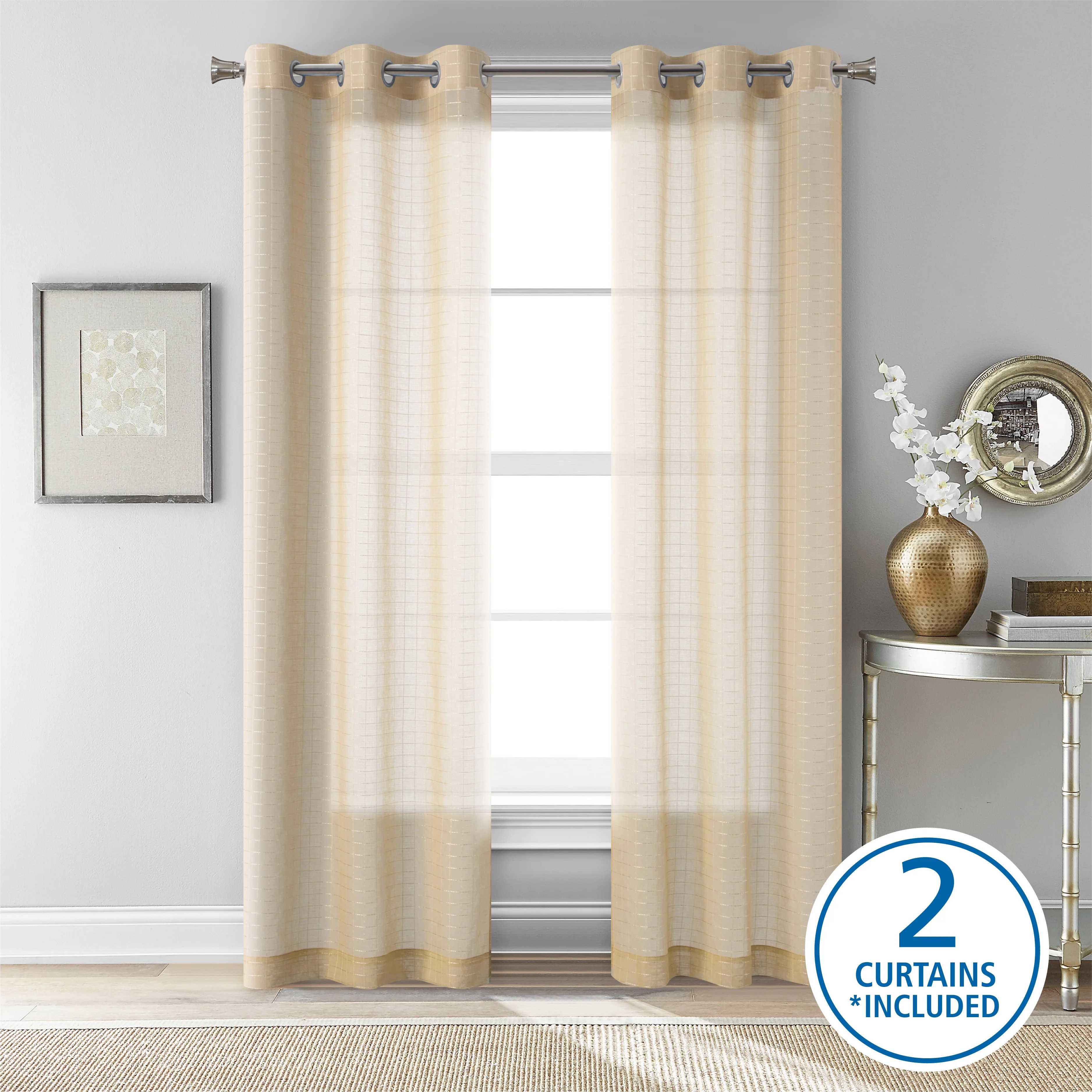 Mainstays Windopane Sheer Curtain Panel Pair, Set of 2, Papyrus Beige, 38" W x 84" L | Walmart (US)