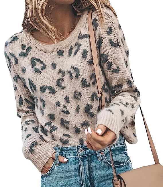 HZSONNE Women's Casual Leopard Crew Neck Loose Fit Sweater Long Sleeve Slouchy Pullover Knitted F... | Amazon (US)
