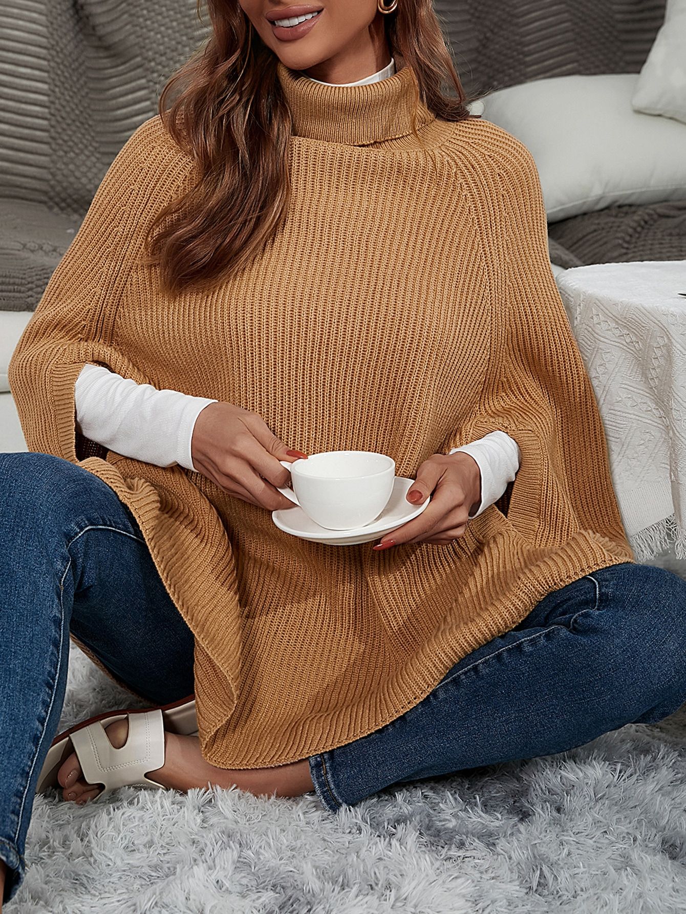 Turtleneck Rib Knit Poncho Sweater | SHEIN