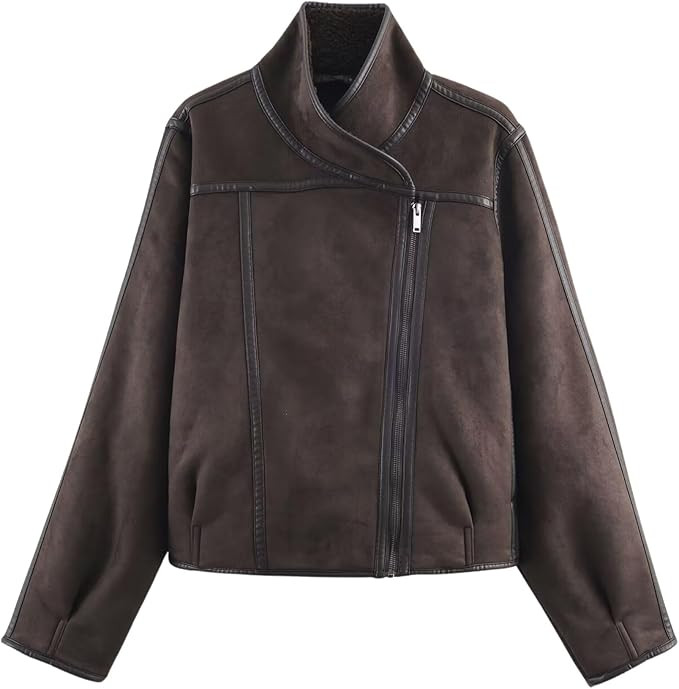 Chevara Women’s Reversible Double-Faced Jacket Slant Front Stand Collar Long Sleeve Cropped Fle... | Amazon (US)