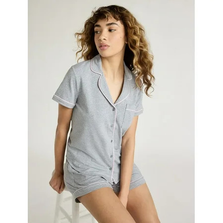 Joyspun Women's Cotton Blend Notch Collar Top and Shorts Pajama Set, 2-Piece, Sizes S to 4X | Walmart (US)