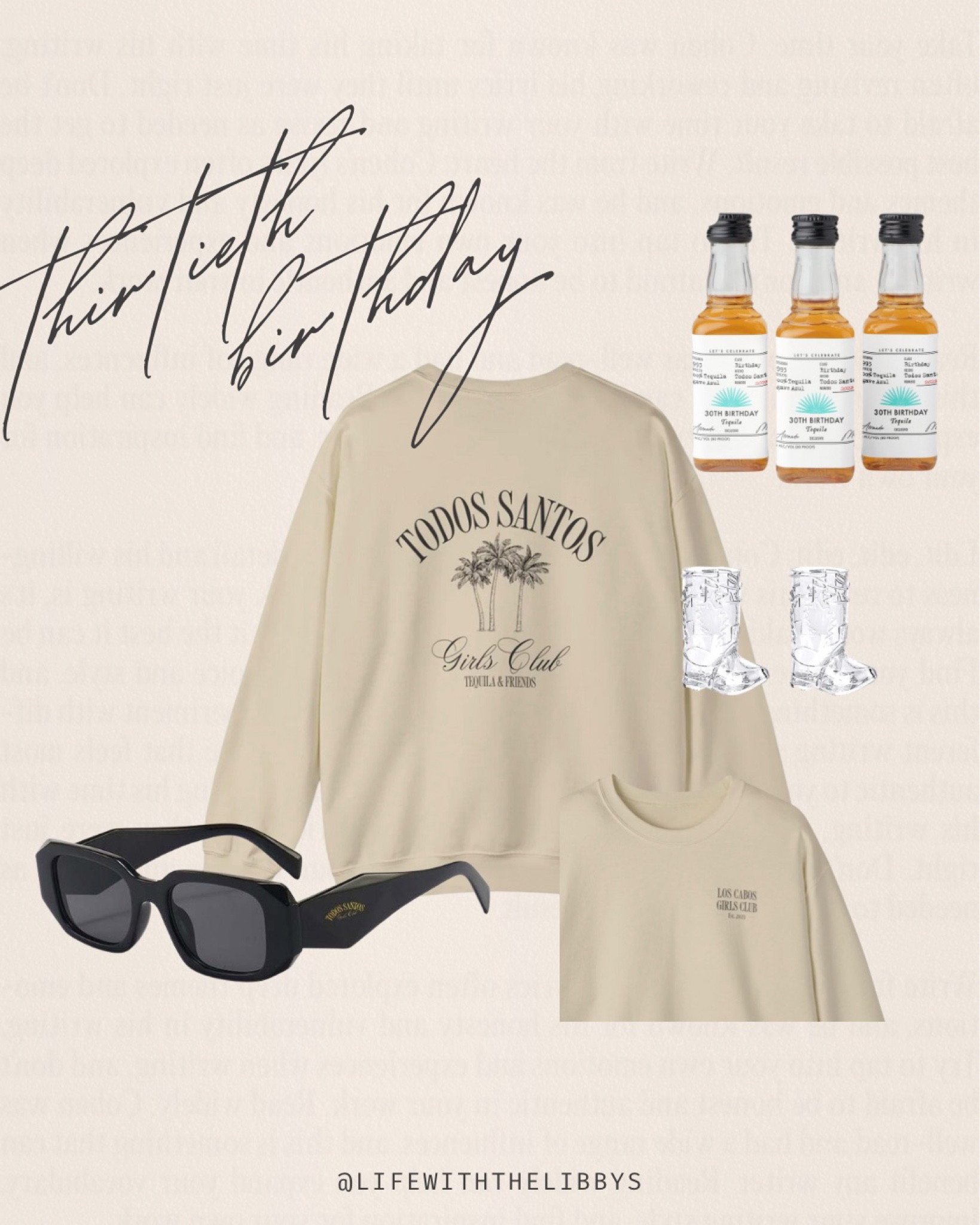 30th birthday Mexico gift box with custom sweatshirt, sunglasses, and tequila details.

#LTKwedding #LTKparties #LTKtravel