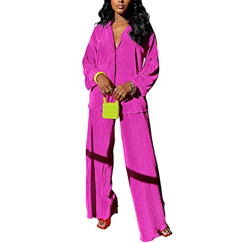 kaimimei Casual 2 Piece Outfit for Women - Linen Long Sleeve Button Down Shirt + Flare Pleated Wi... | Amazon (US)