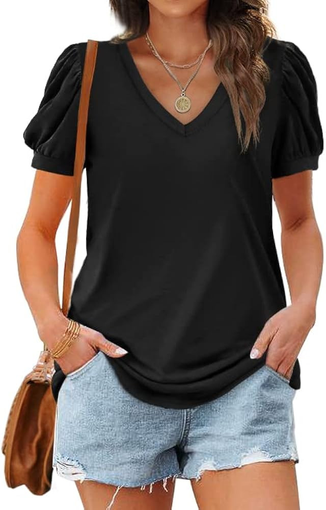 WIHOLL Womens Tops V Neck Summer Puff Sleeve Tshirts Fashion Casual | Amazon (US)