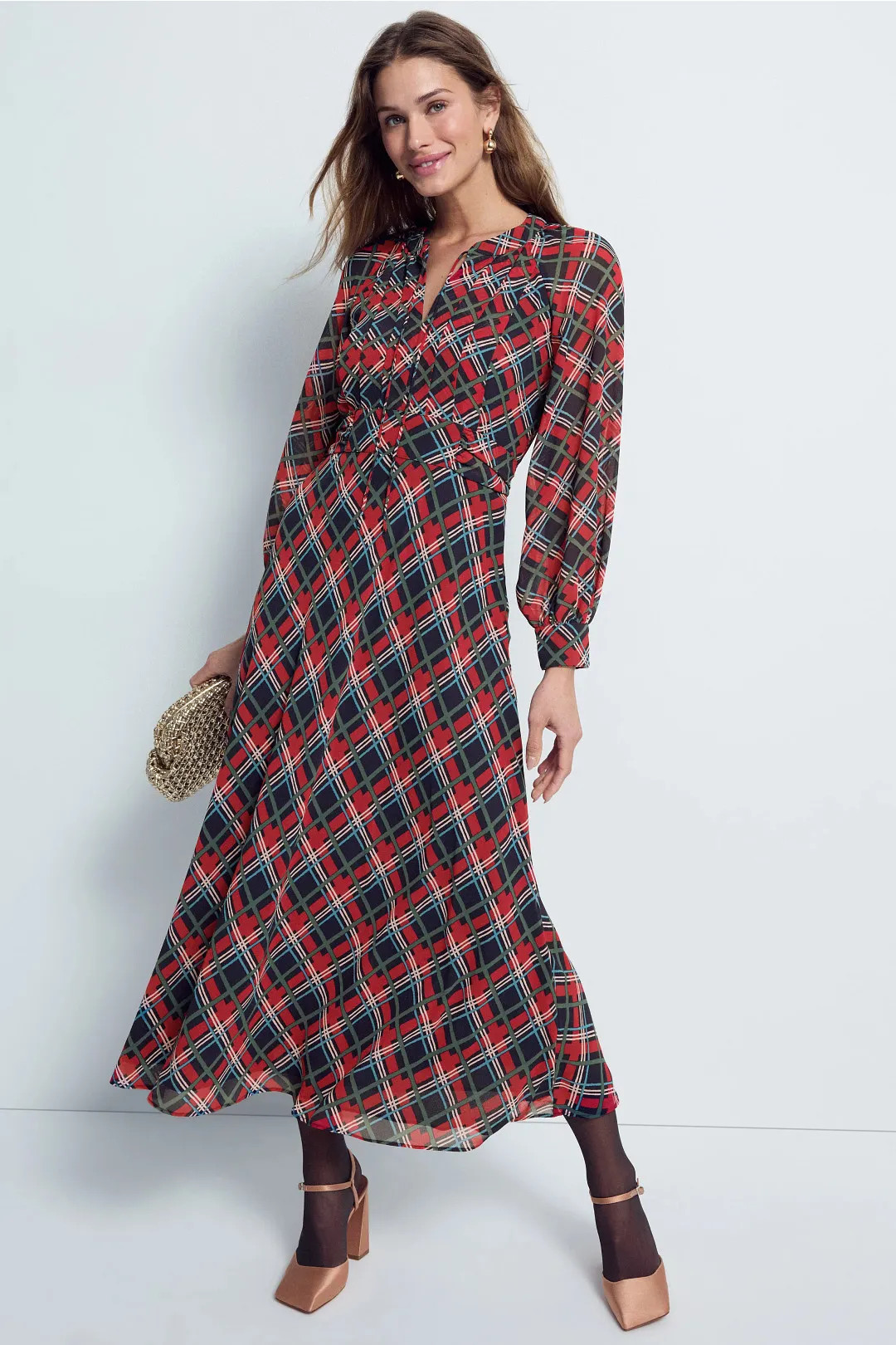 Tie Neck Puff Sleeve Midi Dress | Rent the Runway