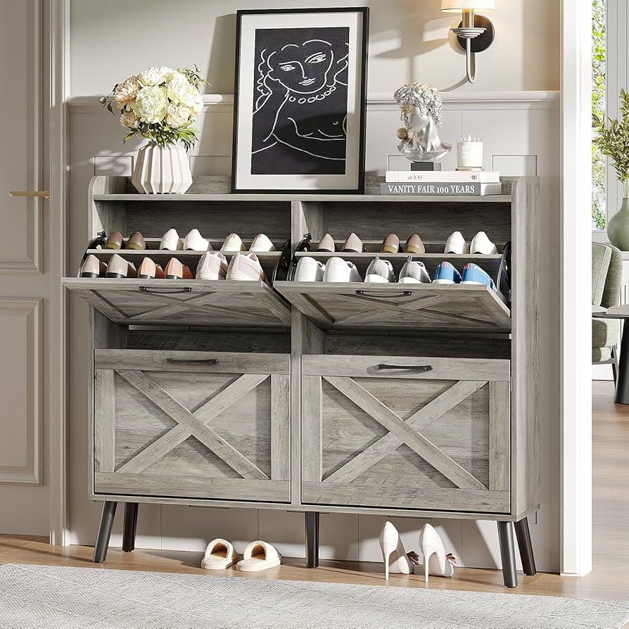 Maupvit Large Shoe Storage Cabinet with 4 Flip Drawers, Narrow Shoe Cabinet for Entryway with Woo... | Amazon (US)